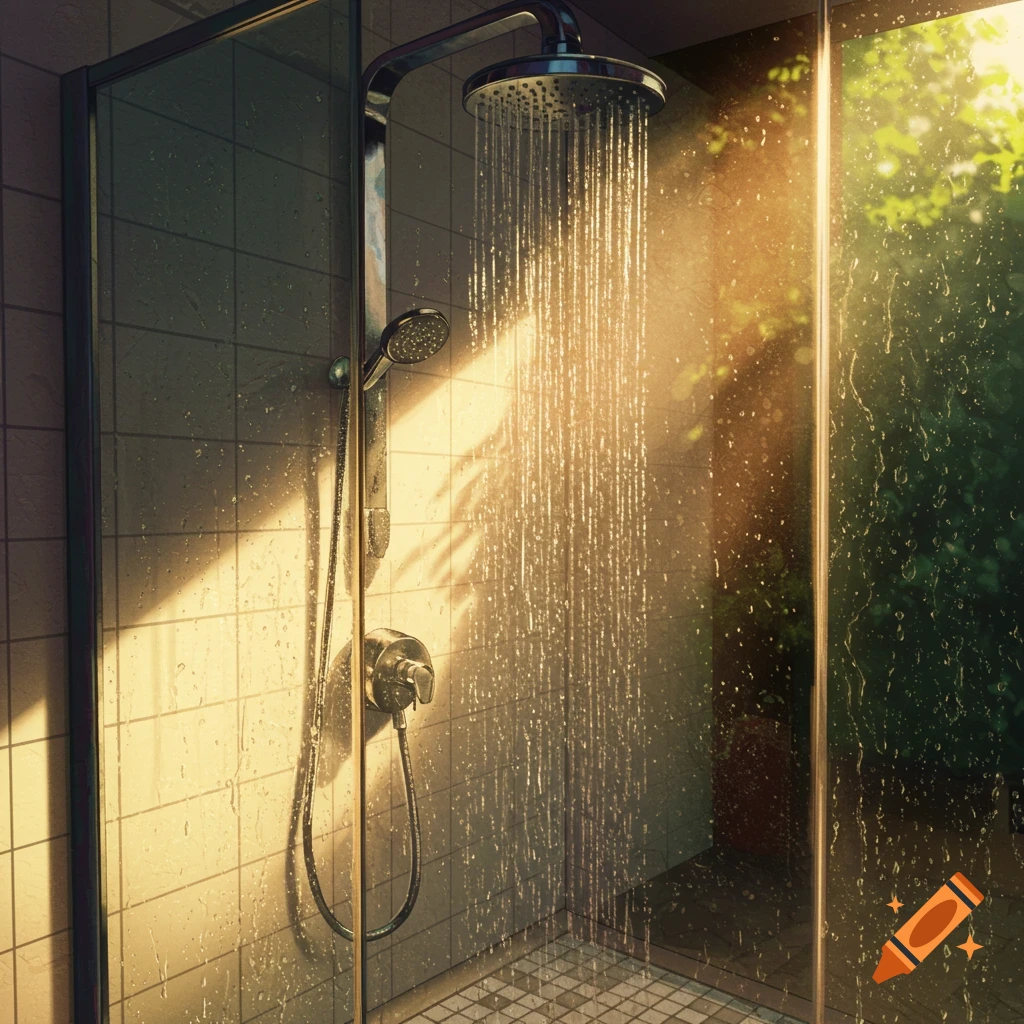 Sunlight streams into an anime-style shower with water running.