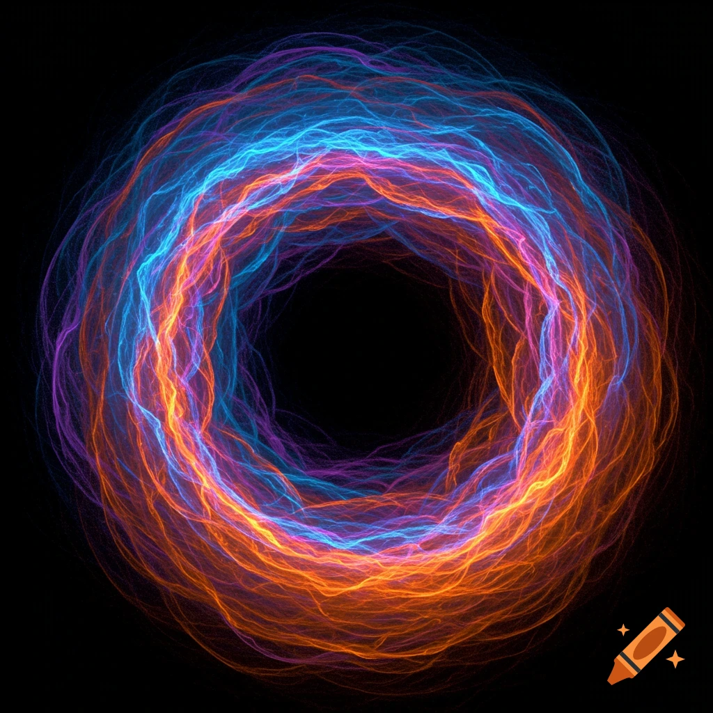 Abstract ring of blue, purple, orange, and yellow light trails.