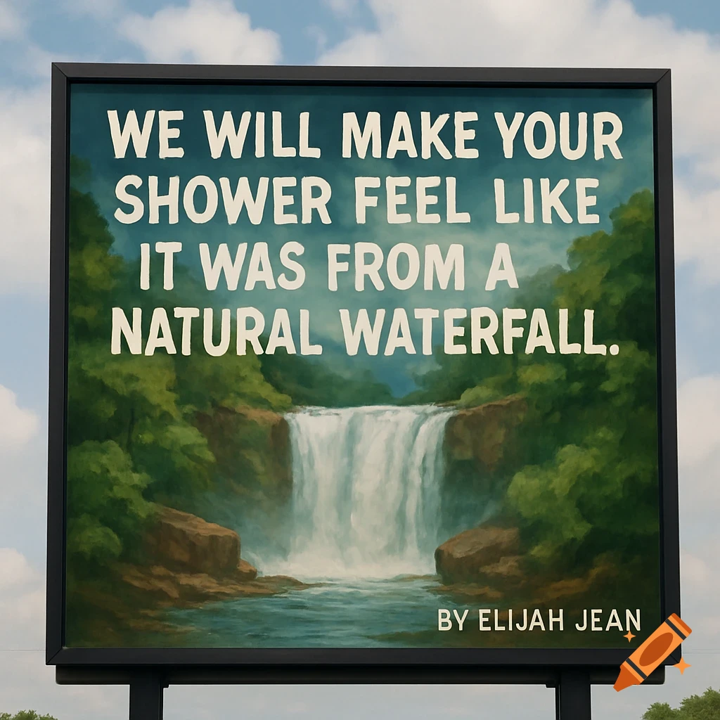 A billboard displays a painting of a waterfall and forest with text.