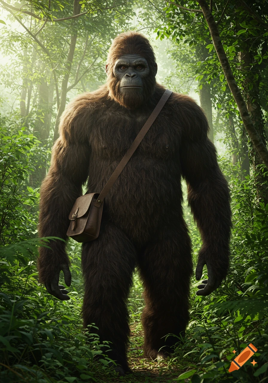 A Bigfoot creature stands in a forest, wearing a satchel.