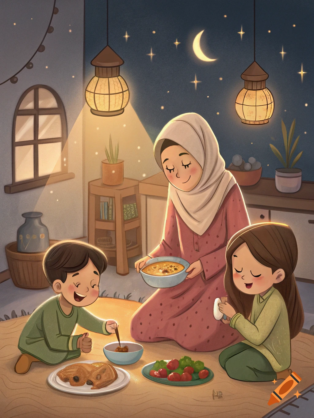 Illustrated family eating together at night during Ramadan.