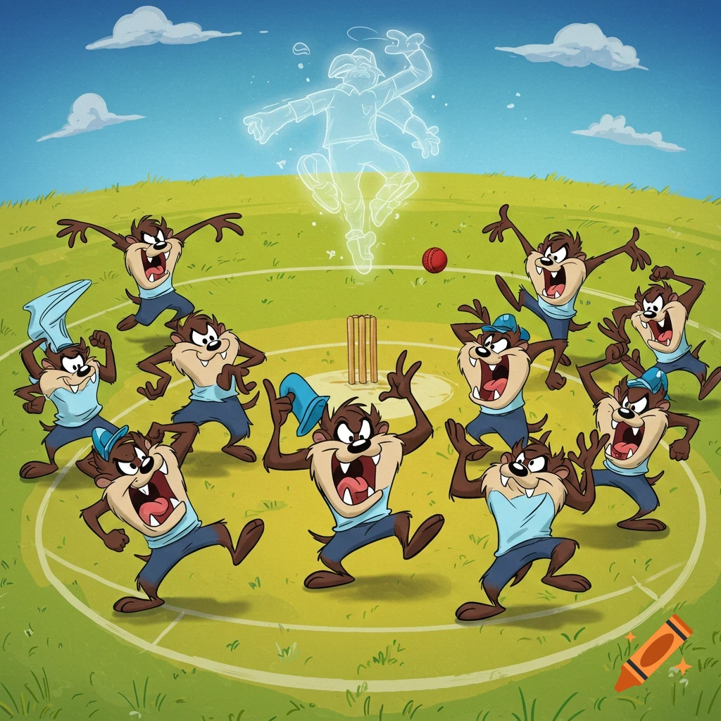 Cartoon Tasmanian Devils play cricket while a ghostly figure floats above the pitch.