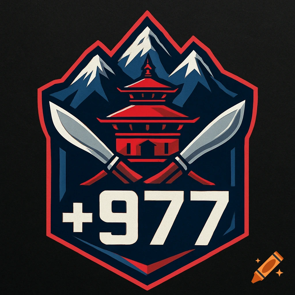 Esports logo with mountains, temple, crossed knives, and '+977' text on a dark background.