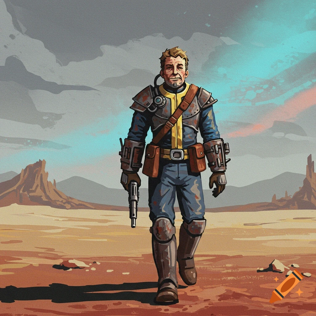 Person in blue and yellow suit walks through desert landscape holding a pistol.