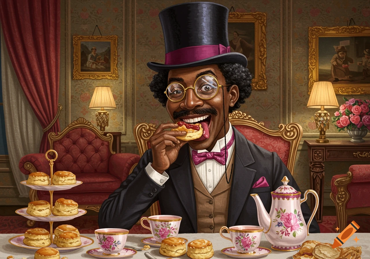 Illustrated portrait of a fancy Black man in a top hat and suit with a monocle, eating a scone at a formal tea party.