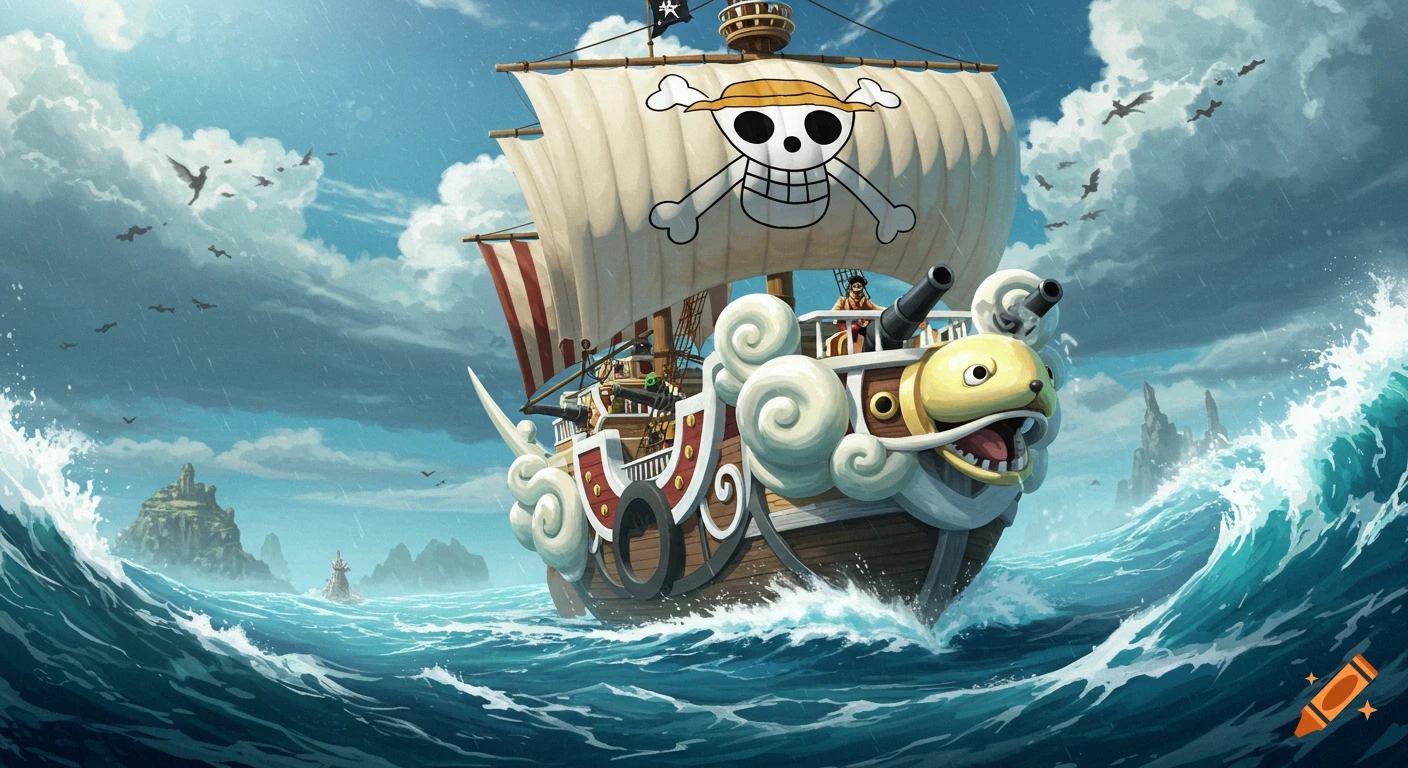 A One Piece pirate ship sailing on a stormy sea, anime art style.