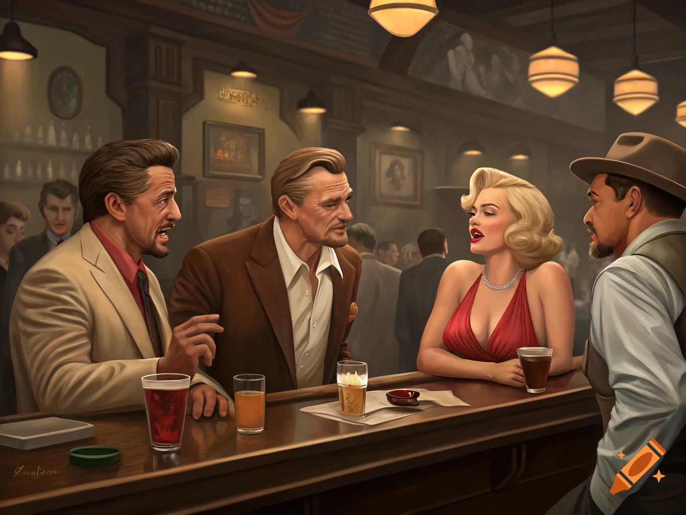 An illustration of people resembling Marilyn Monroe, Sylvester Stallone, and Liam Neeson at a bar.
