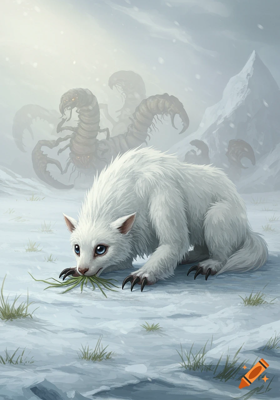 A white, fluffy fantasy creature eats grass in the snow, with blurry, scorpion-like monsters lurking in the background.