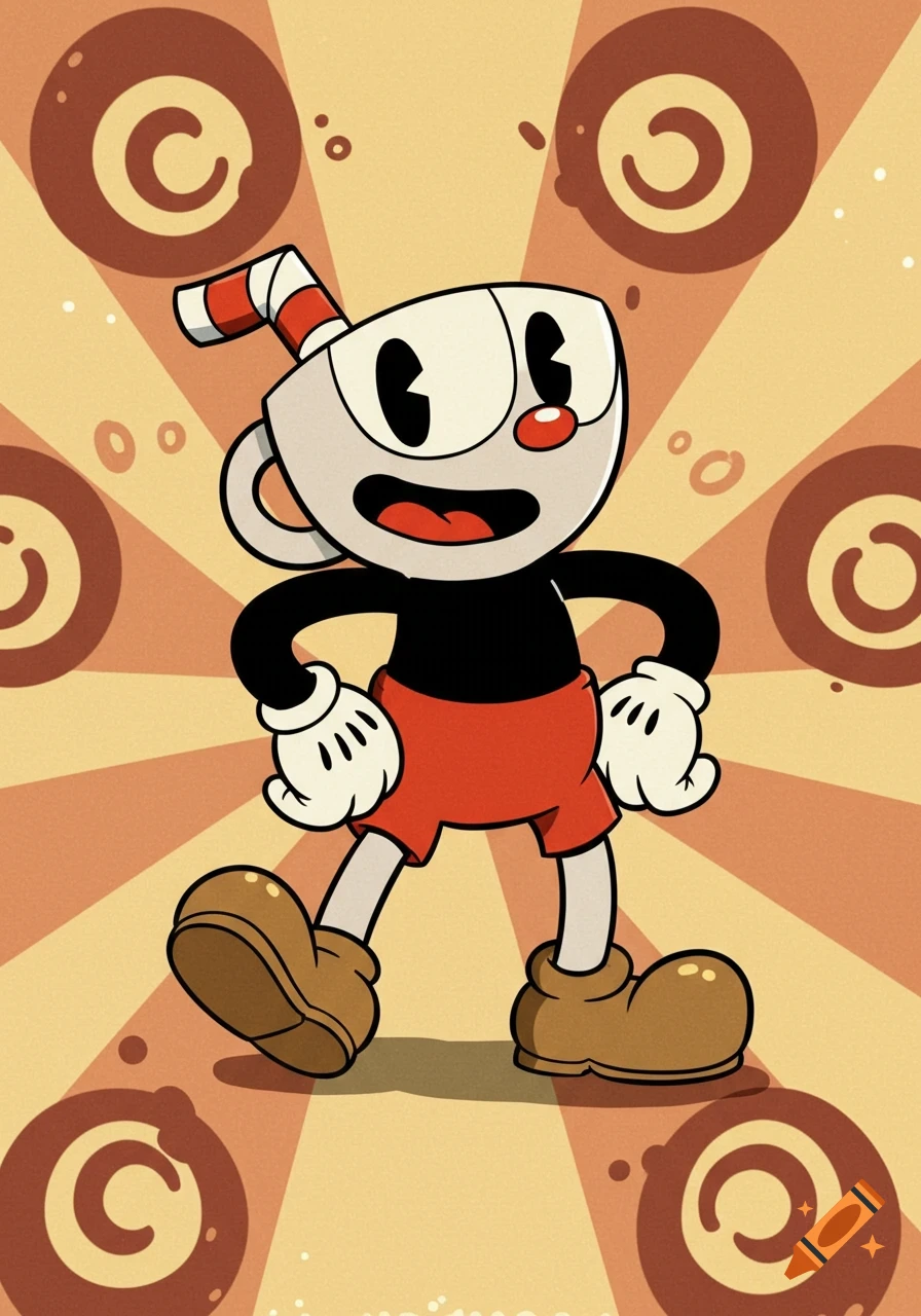 Cuphead character stands against a background of radial lines and circles in a cartoon style.