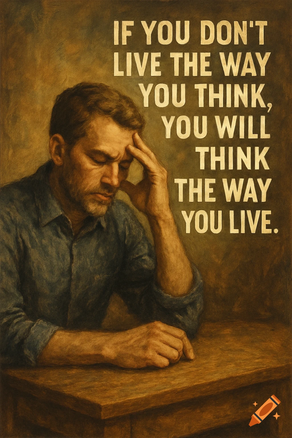 A man sits at a table, hand on his head, looking thoughtful, with a quote about living the way you think. Painterly style.