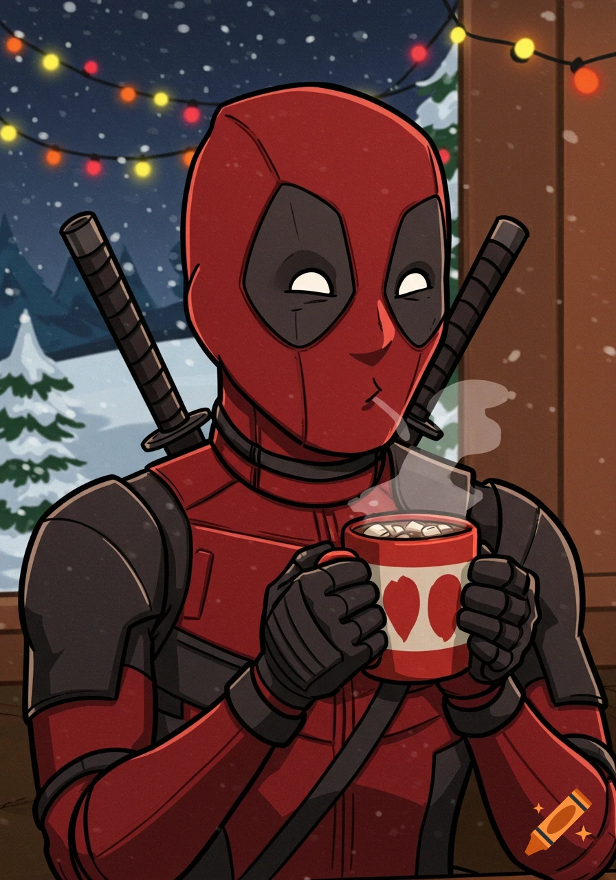 Cartoon illustration of Deadpool in a snowy setting, holding a mug with hearts and drinking hot cocoa.