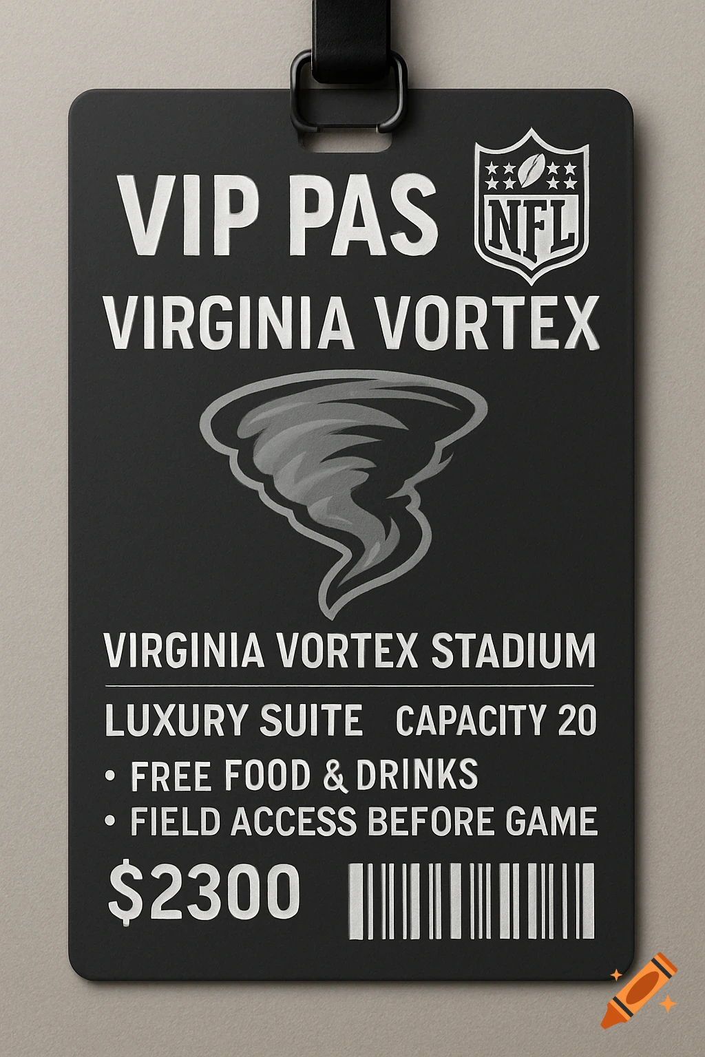 A black and white NFL VIP pass with Virginia Vortex team logo, text, and a barcode.