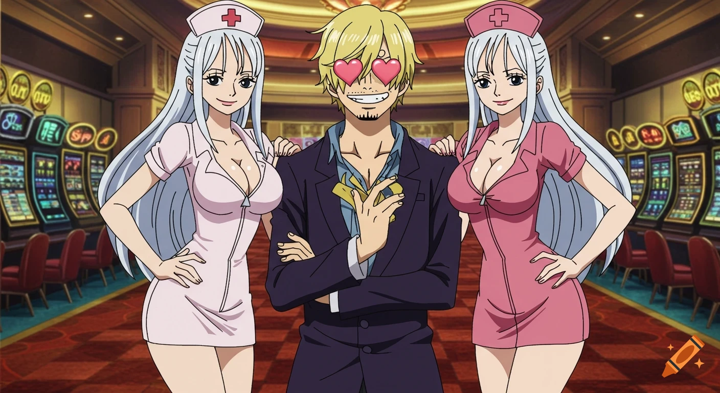 Anime characters in a casino. Sanji with heart eyes stands between two women in nurse outfits.