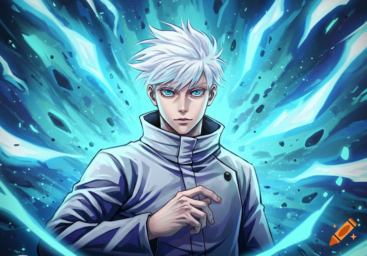 Anime illustration of a man with white hair and blue eyes surrounded by blue energy.