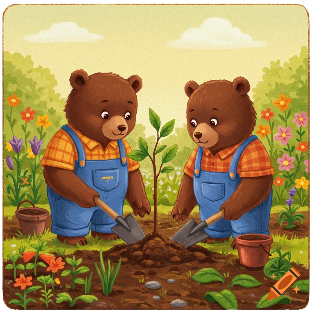 Two cartoon bears in overalls plant a small tree in a garden with flowers.