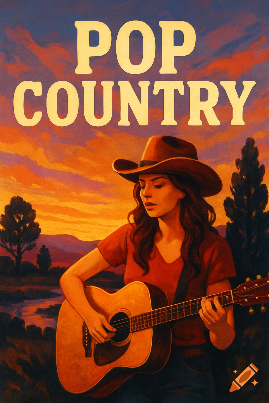 Painted image of a woman in a cowboy hat playing guitar with 'POP COUNTRY' text at top, sunset background.