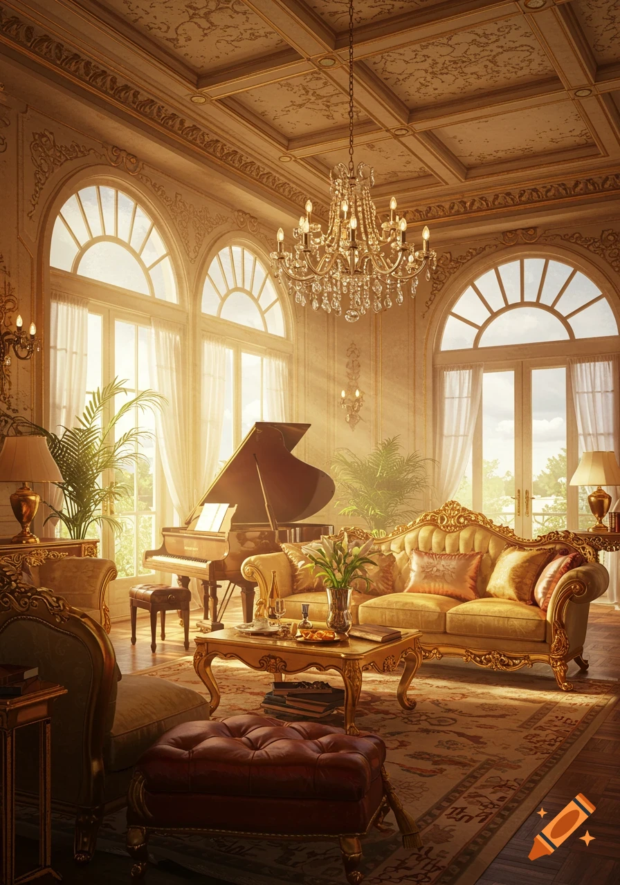 Luxurious classical room with a grand piano, ornate sofa, chandelier, and large windows.
