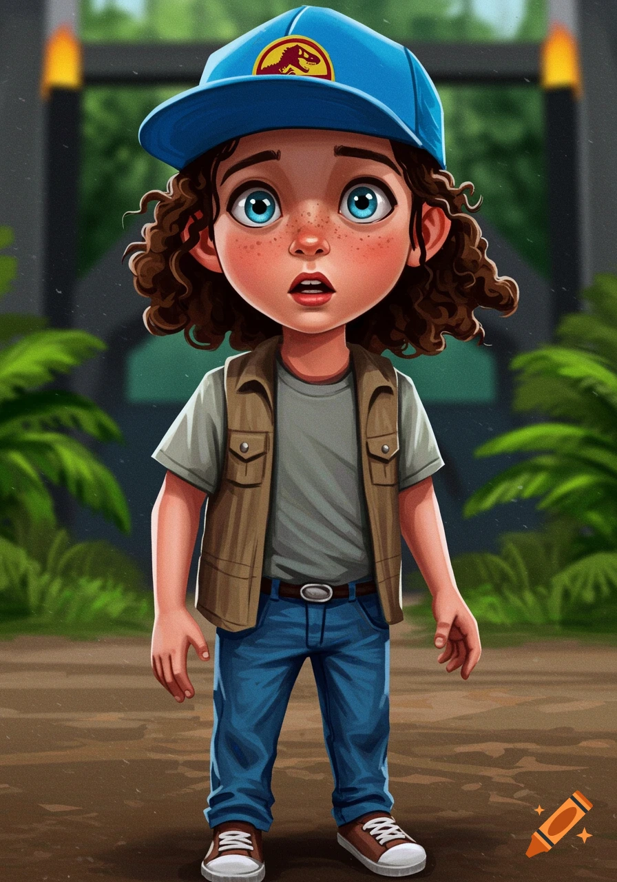 Stylized illustration of a child in a Jurassic Park hat and vest.