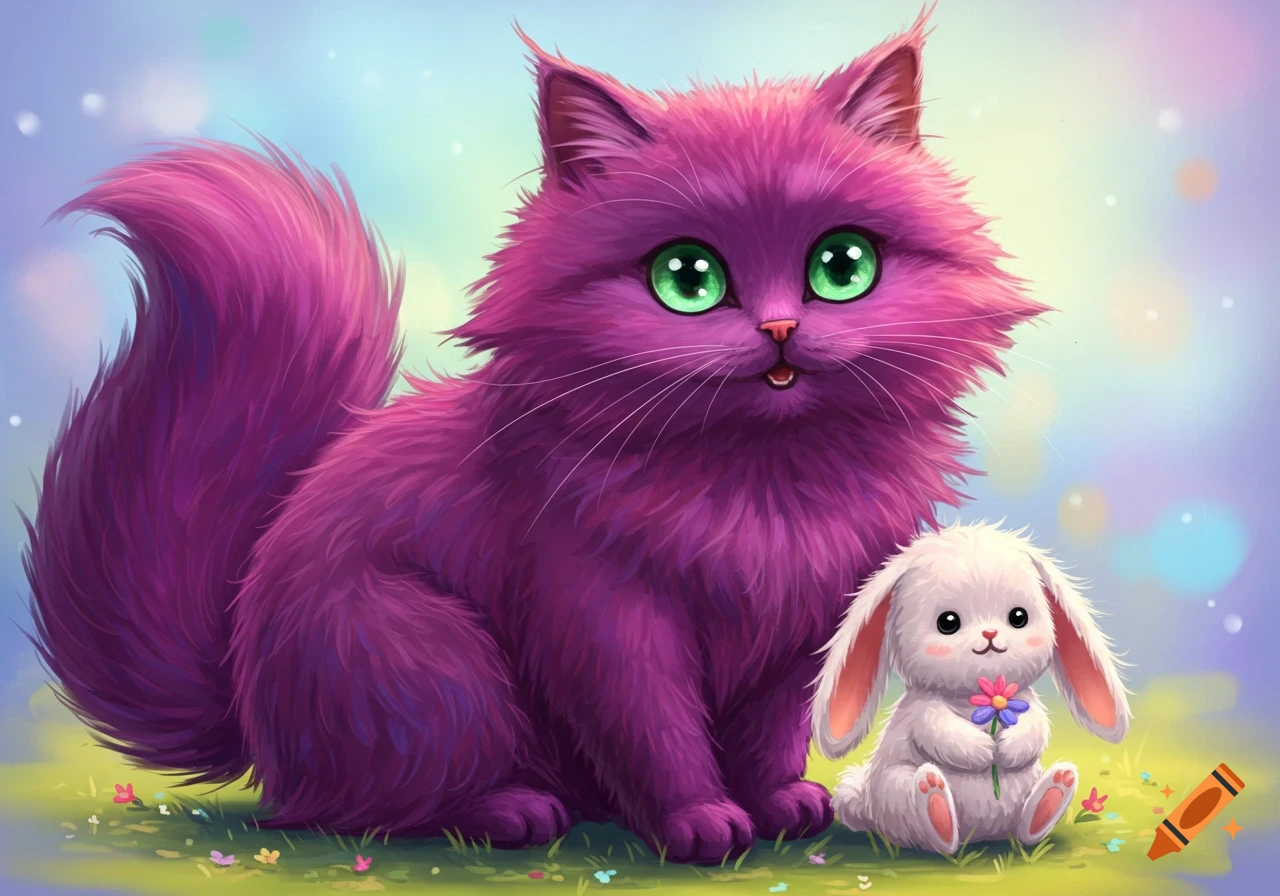 A fluffy purple cat sits beside a small white bunny holding a flower, in a whimsical illustrated style.
