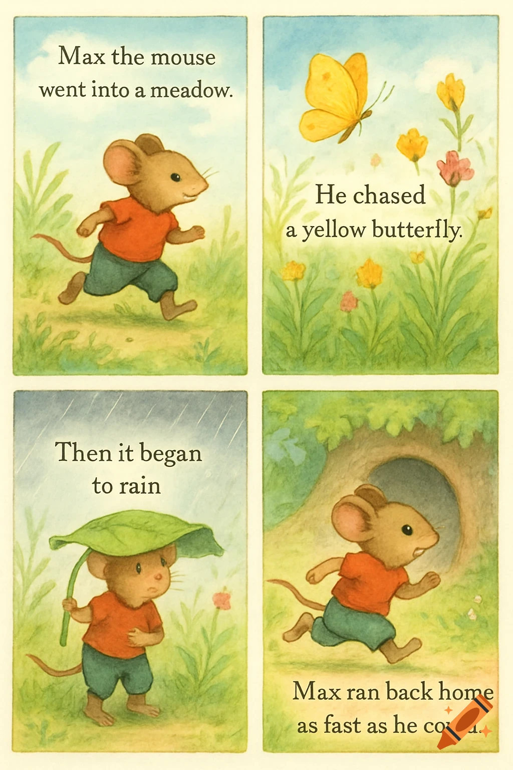 A four-panel watercolor comic strip illustrating a story about a mouse who goes into a meadow, chases a butterfly, gets rained on, and runs home.