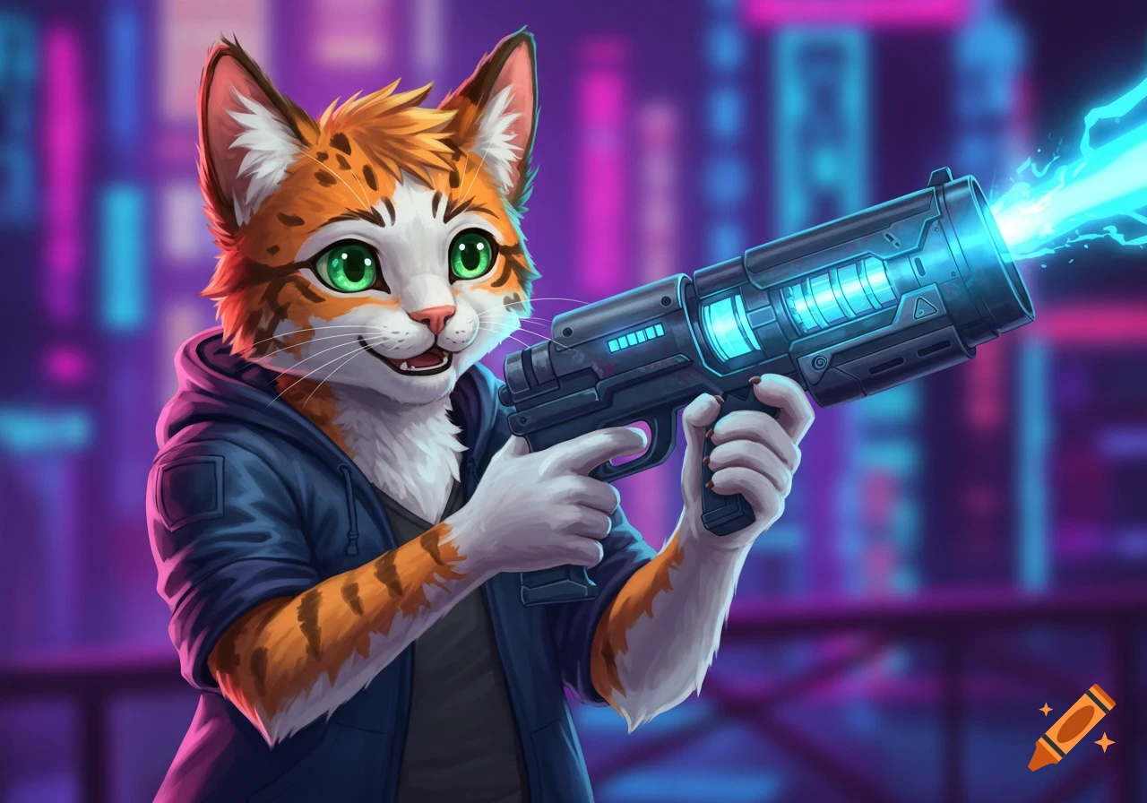 A cat-like fantasy creature holds a sci-fi gun in a neon city.