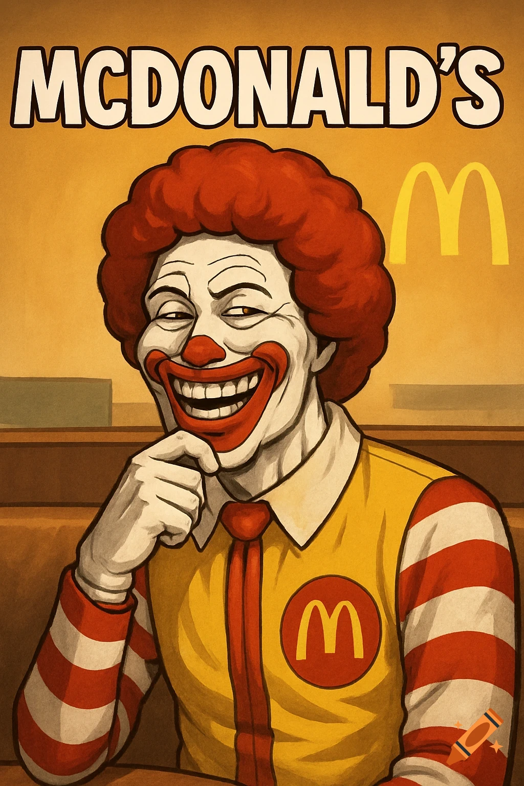 Illustration of a creepy, grinning Ronald McDonald with 'MCDONALD'S ...