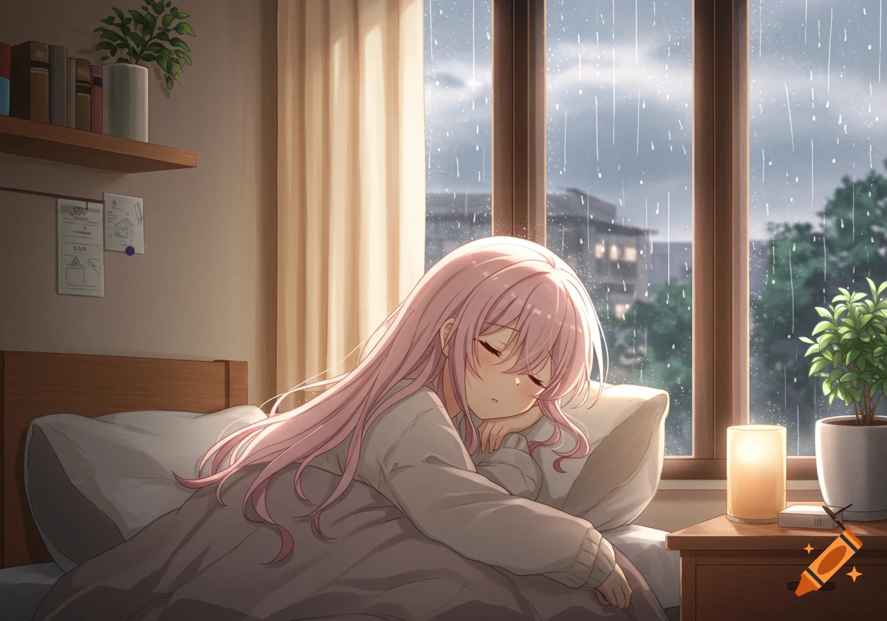 Anime girl sleeping peacefully in bed by a window as rain falls outside.