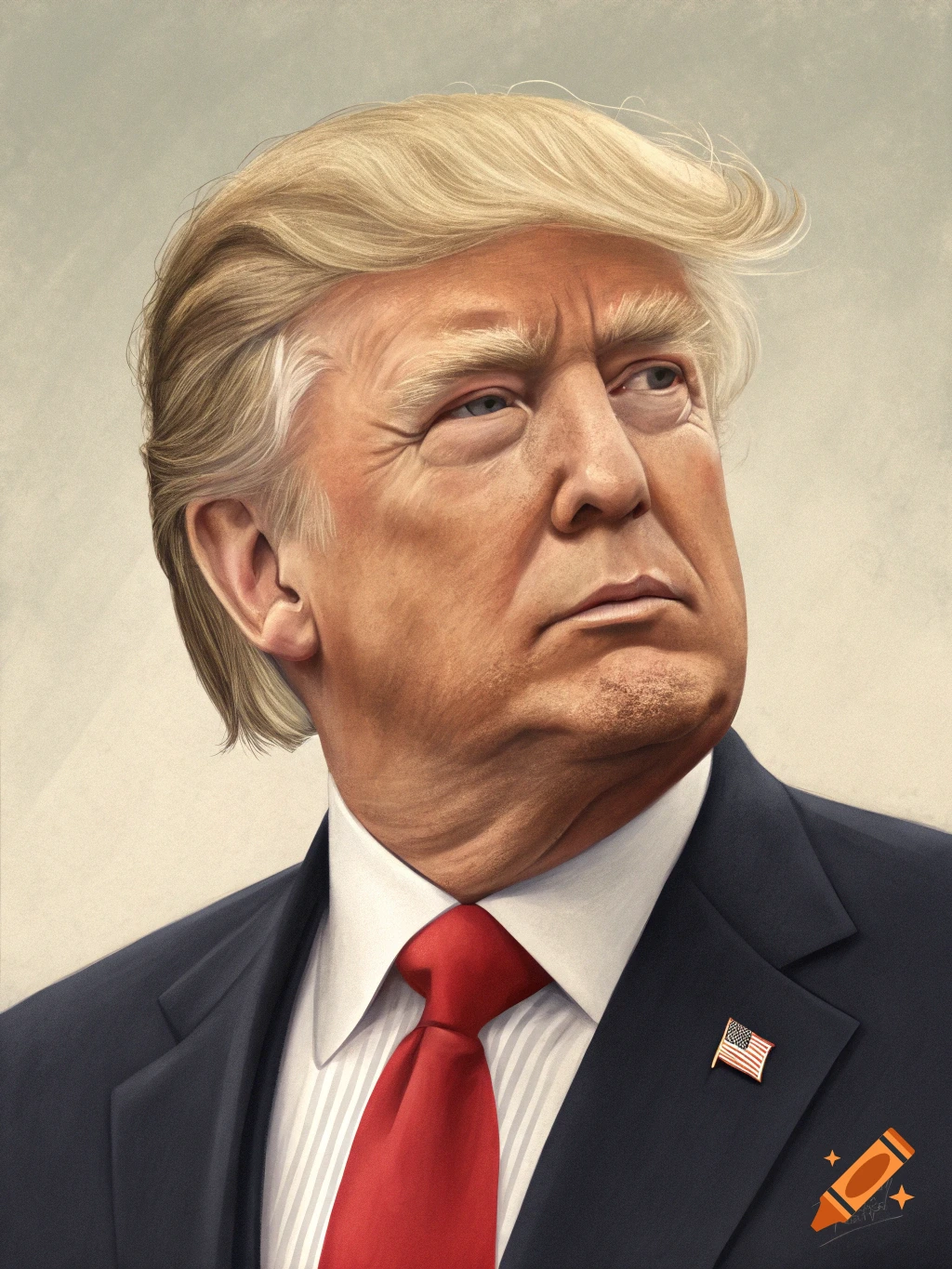 Detailed illustration of Donald Trump wearing a suit and red tie.