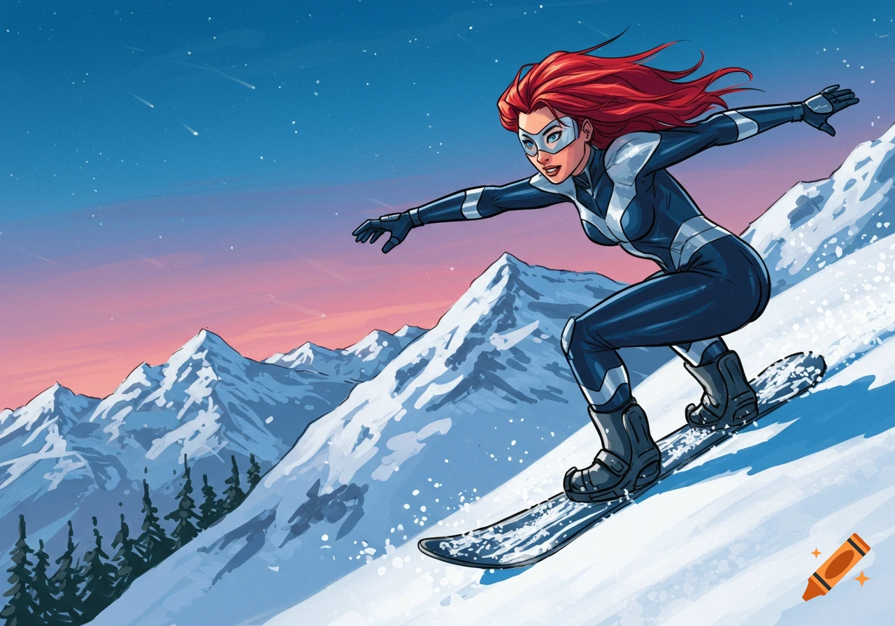 Female superhero snowboarding down a snowy mountain slope in a comic book style.