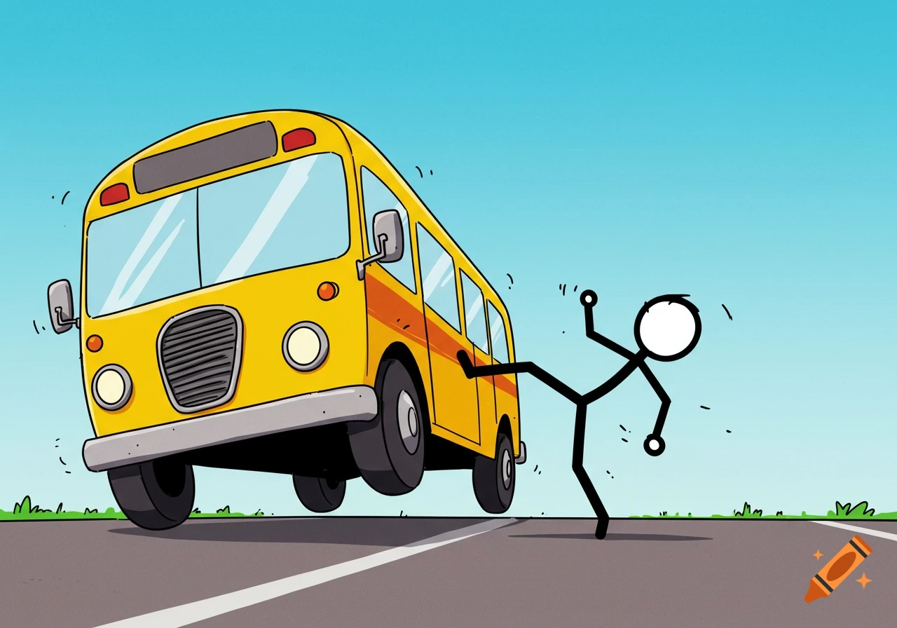 Cartoon stick figure kicks a yellow bus on a road.