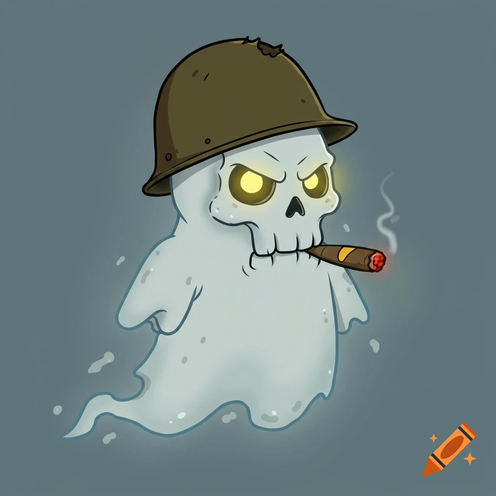Cartoon ghost with skull face, military helmet, and cigar