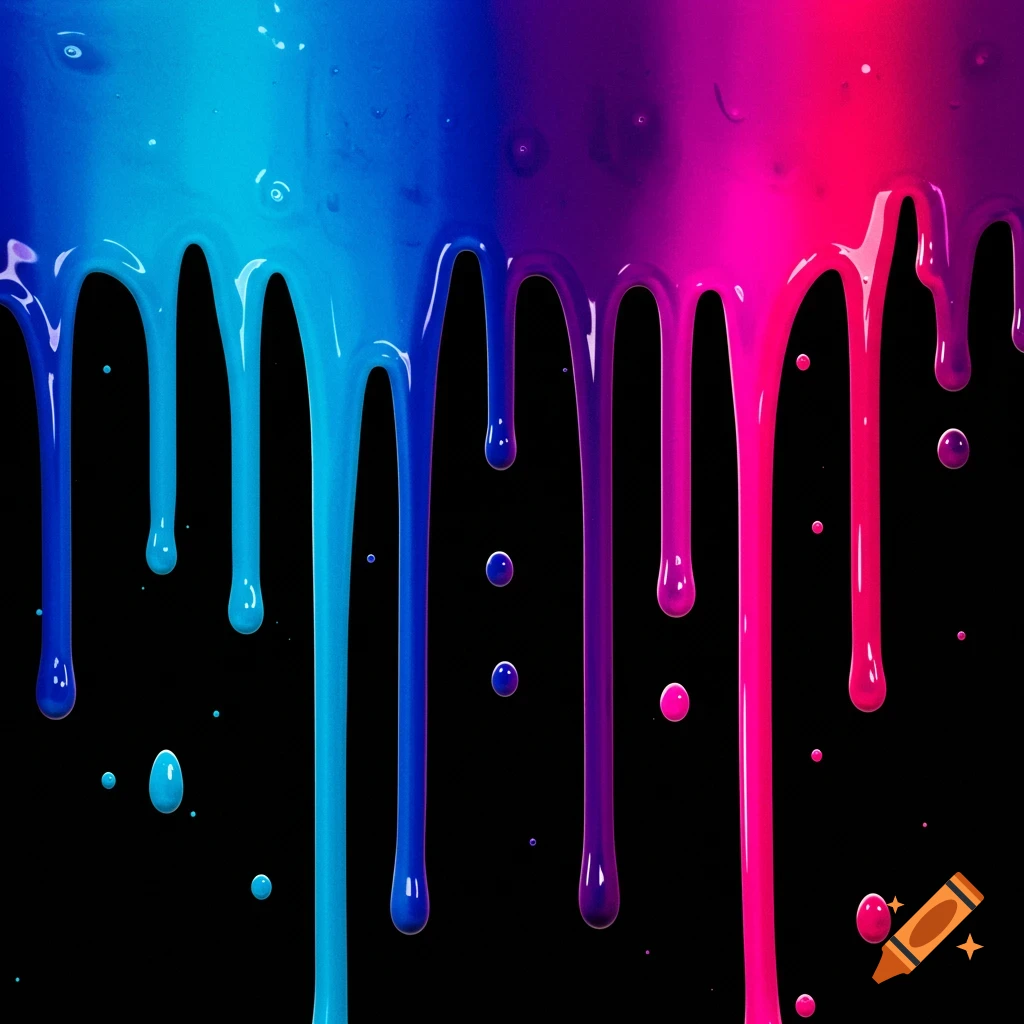 Glossy blue, purple, and pink paint dripping down a black background.