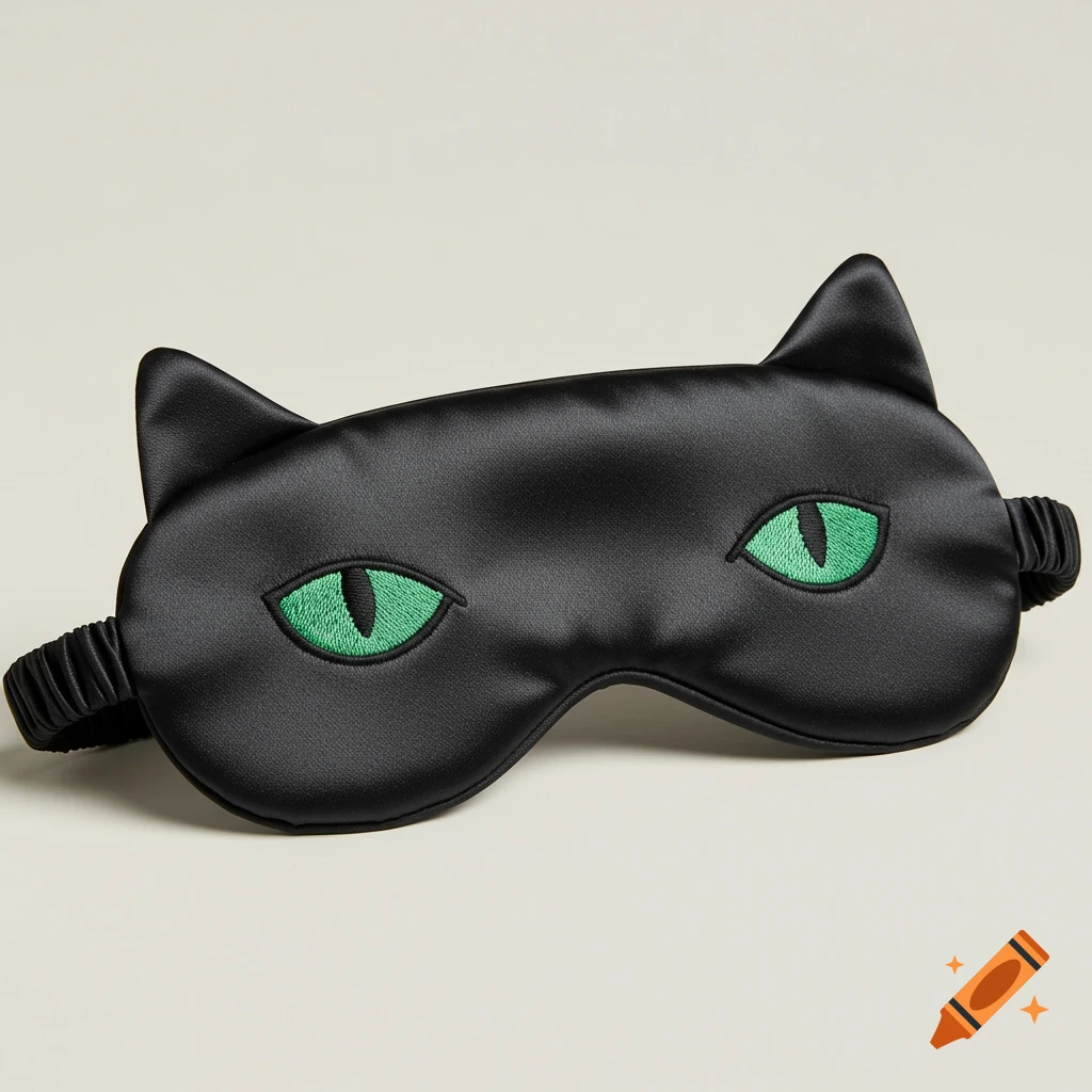 A black sleeping eye mask with green cat eyes and ears.