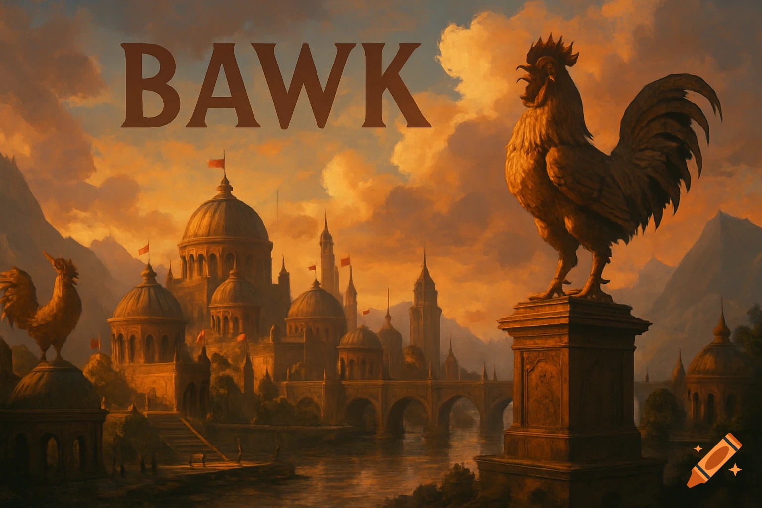 Giant rooster statue overlooking a fantasy city with the text BAWK in a digital painting style