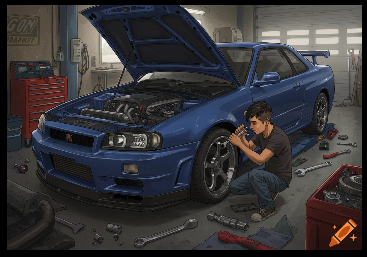 Illustration of a person repairing a blue Skyline R34 car in a garage with tools.