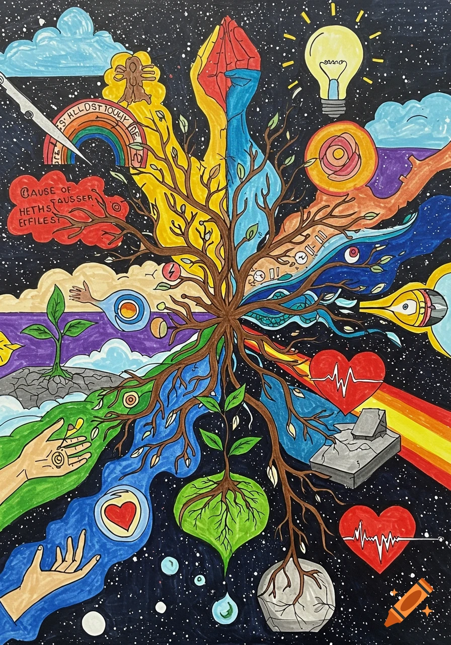 A colorful, symbolic drawing of a tree with roots in space, surrounded by elements like hands, hearts, a lightbulb, and clouds.