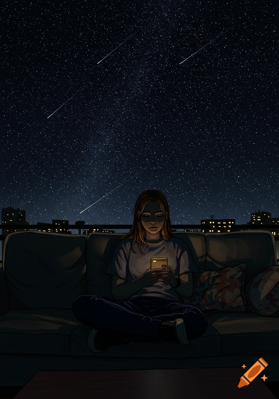 Person on a rooftop couch looking at phone under starry sky with city lights. Illustration.