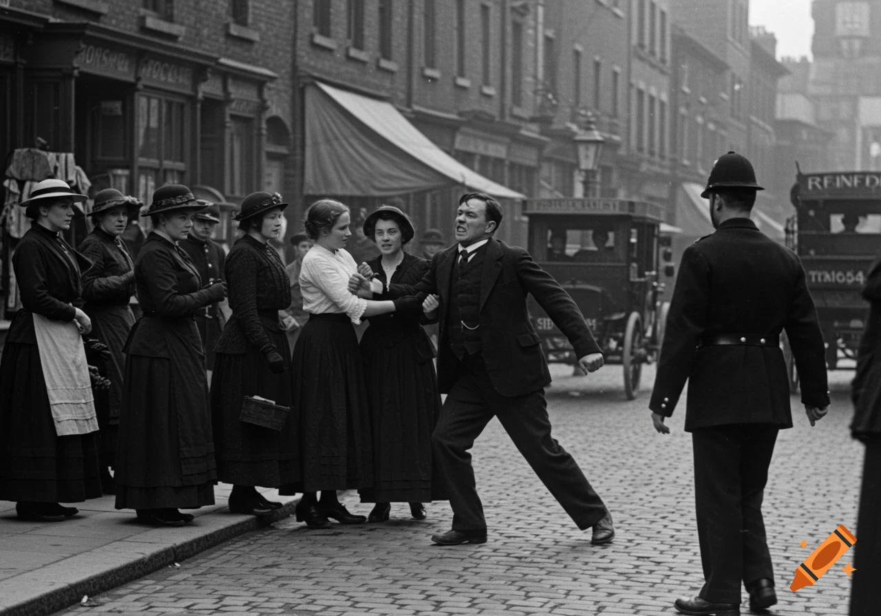Black and white street scene from 1913 with a man gesturing aggressively towards women while a police officer watches.
