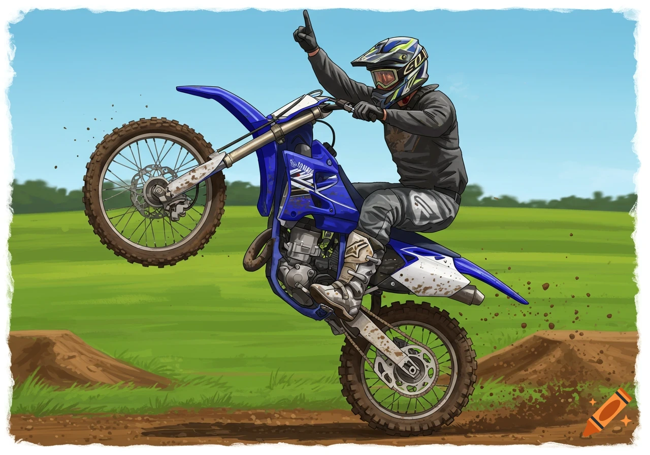 Illustration of a man doing a wheelie on a blue dirt bike on a dirt track.