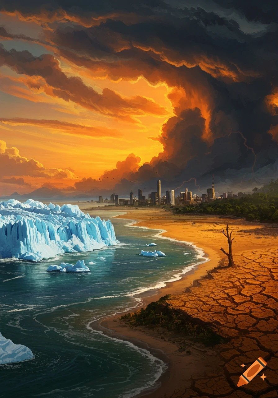Dramatic landscape illustrating climate change with melting glacier, cracked earth, cityscape, and stormy sky.