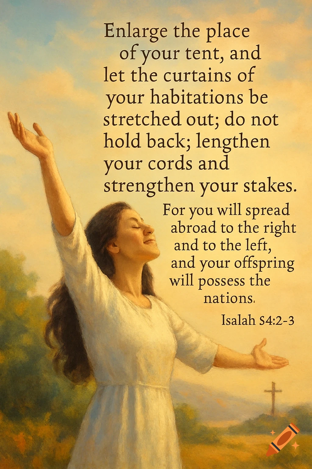 A woman with raised arms looks up in prayer or praise, with biblical text and a cross in a sunny, painterly landscape.