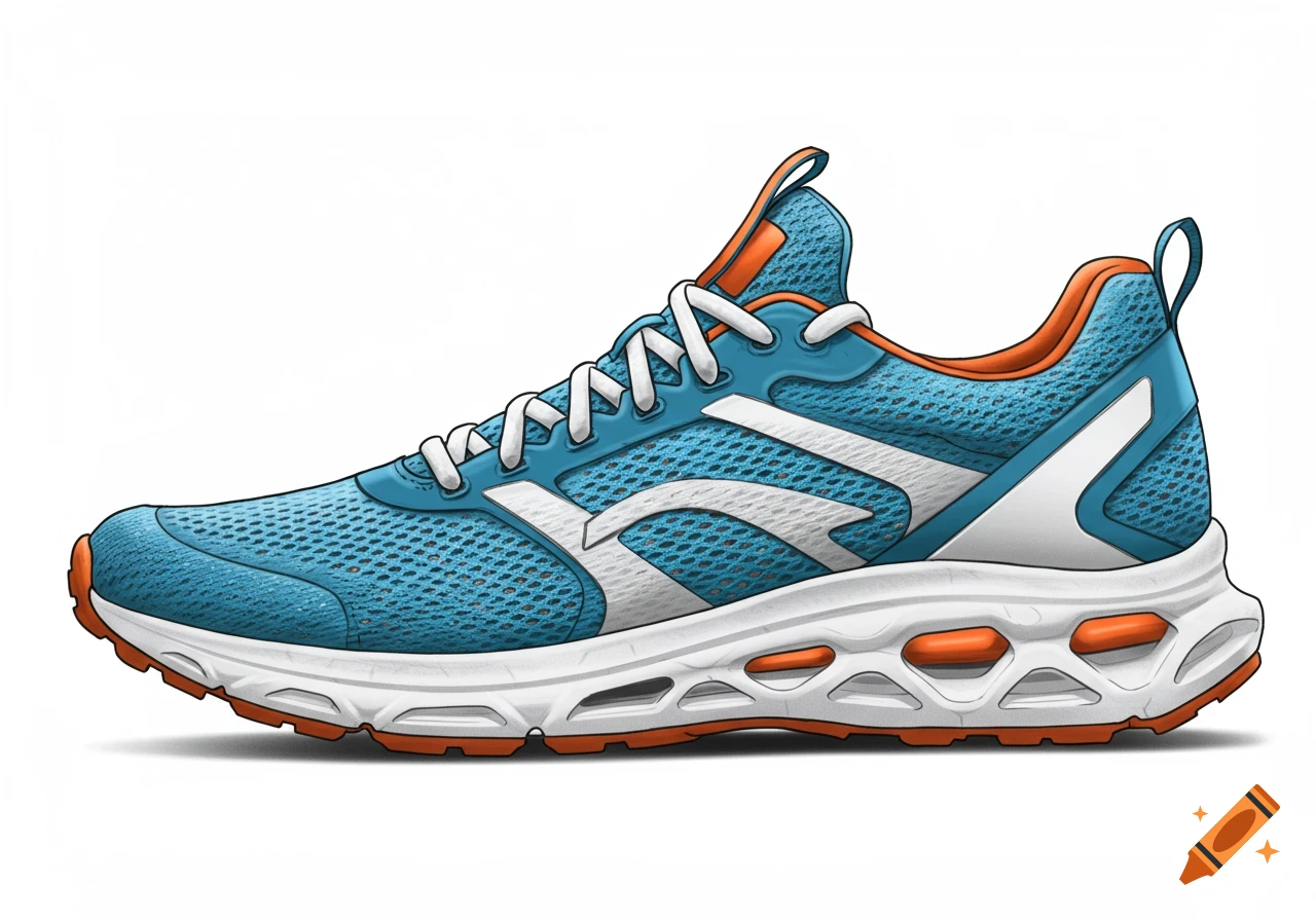 Illustration of a blue and orange sport shoe.