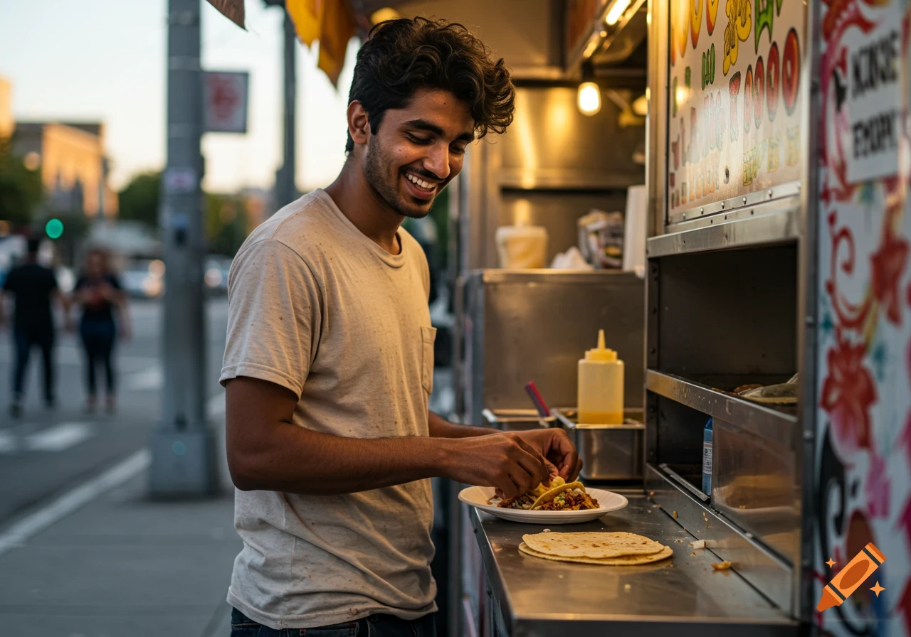 Young man smiling while preparing food at a street taco truck in an urban setting.