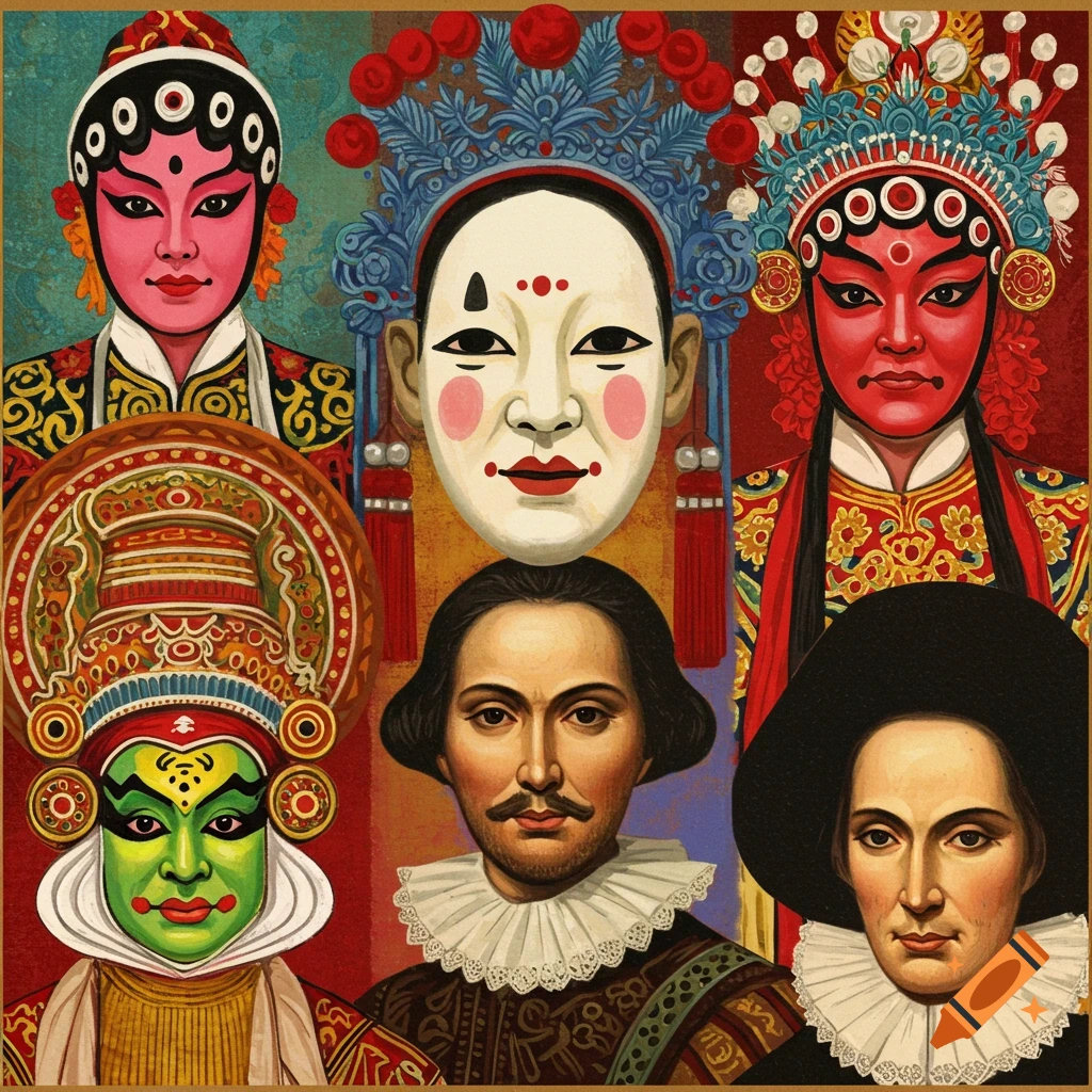 A collage featuring faces with stylized makeup from Noh, Peking Opera, and Kathakali theatre alongside portraits of Shakespeare.