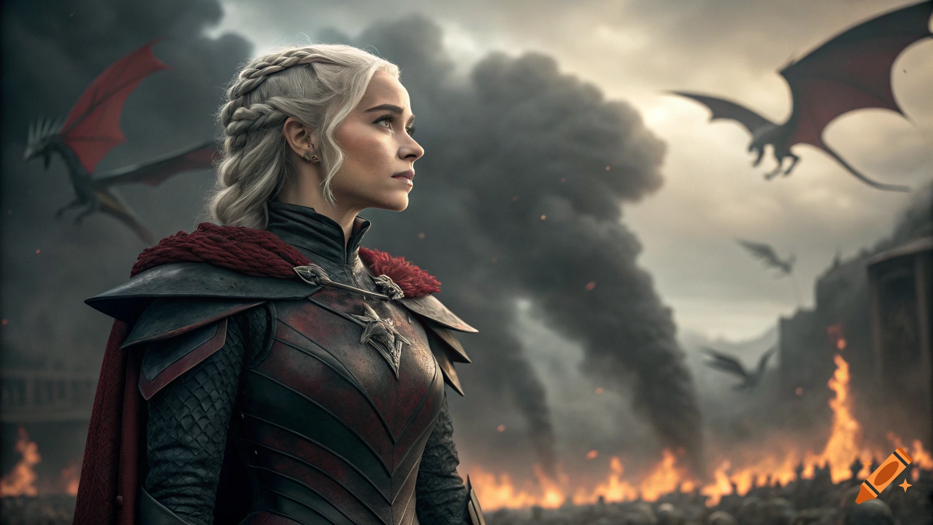 A woman in fantasy armor stands on a battlefield with dragons flying in the smoky sky.