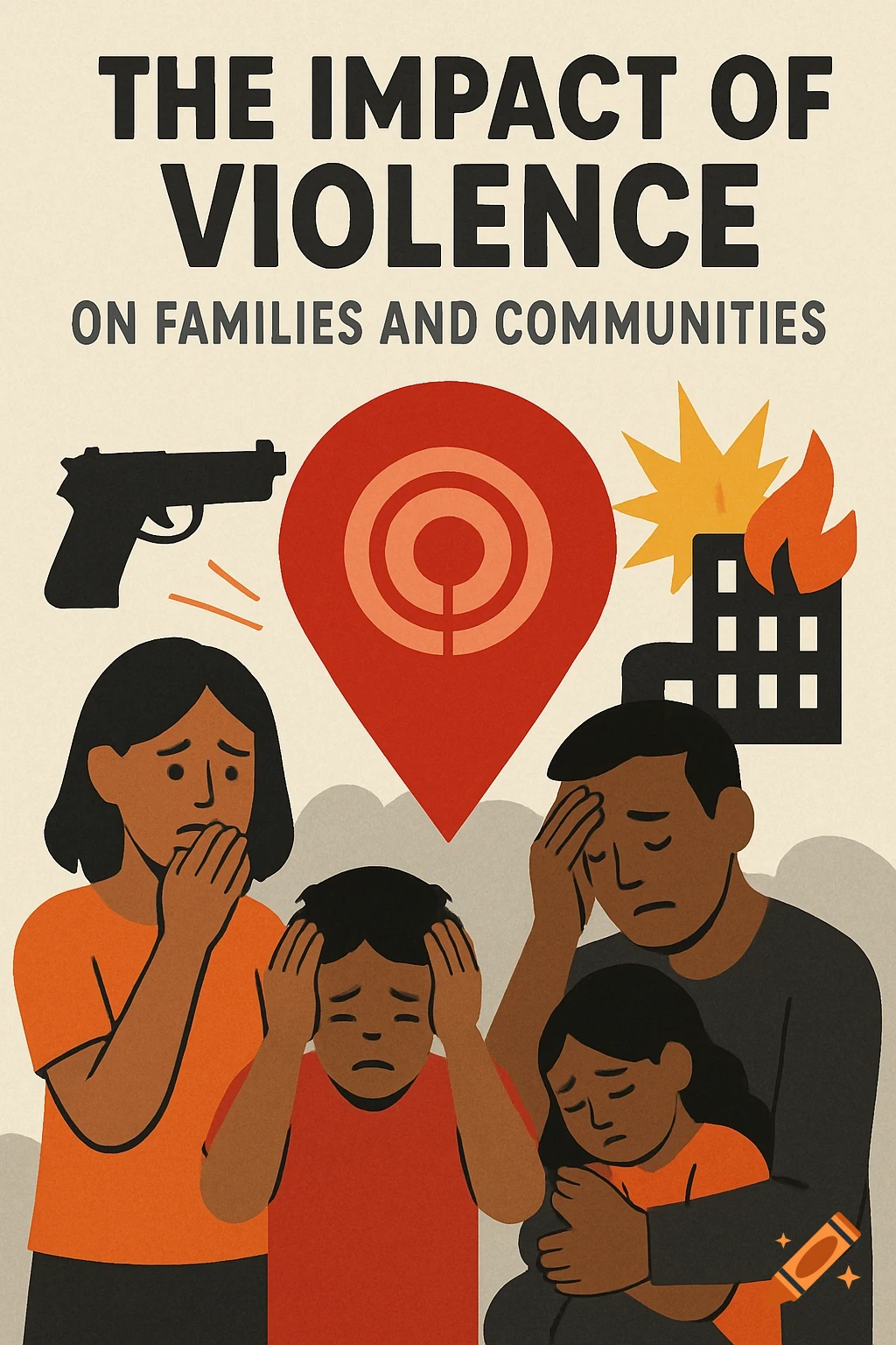 Illustration showing a distressed family, gun, and burning building with text 'The Impact of Violence'.