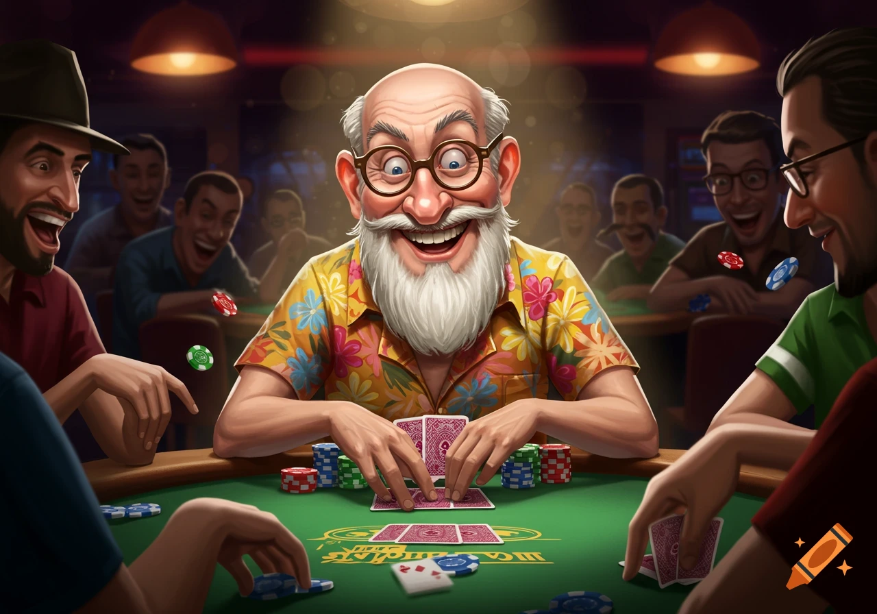 Older man with beard and glasses playing poker and smiling with other players.