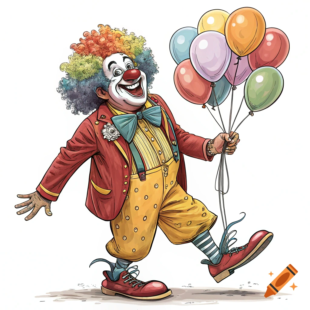 Illustration of a smiling clown in a red suit holding a bunch of colorful balloons.