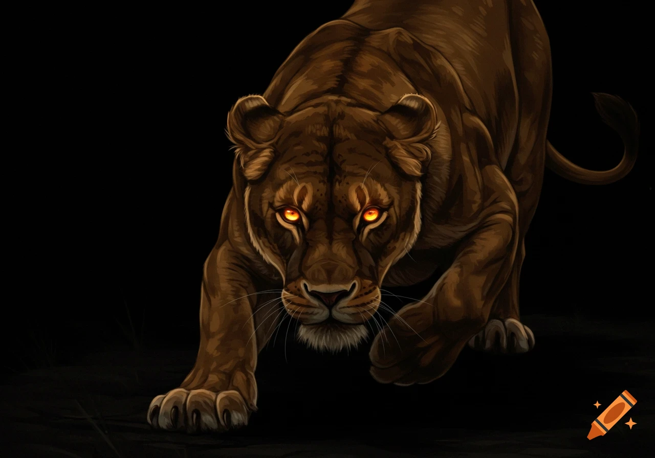 A lioness in a pouncing position with glowing orange eyes on a dark background.