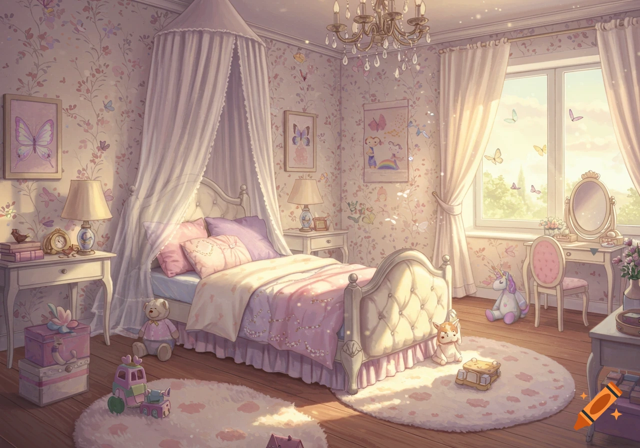 A pastel pink fairytale bedroom with a canopy bed, toys, and window light in an illustrated style.